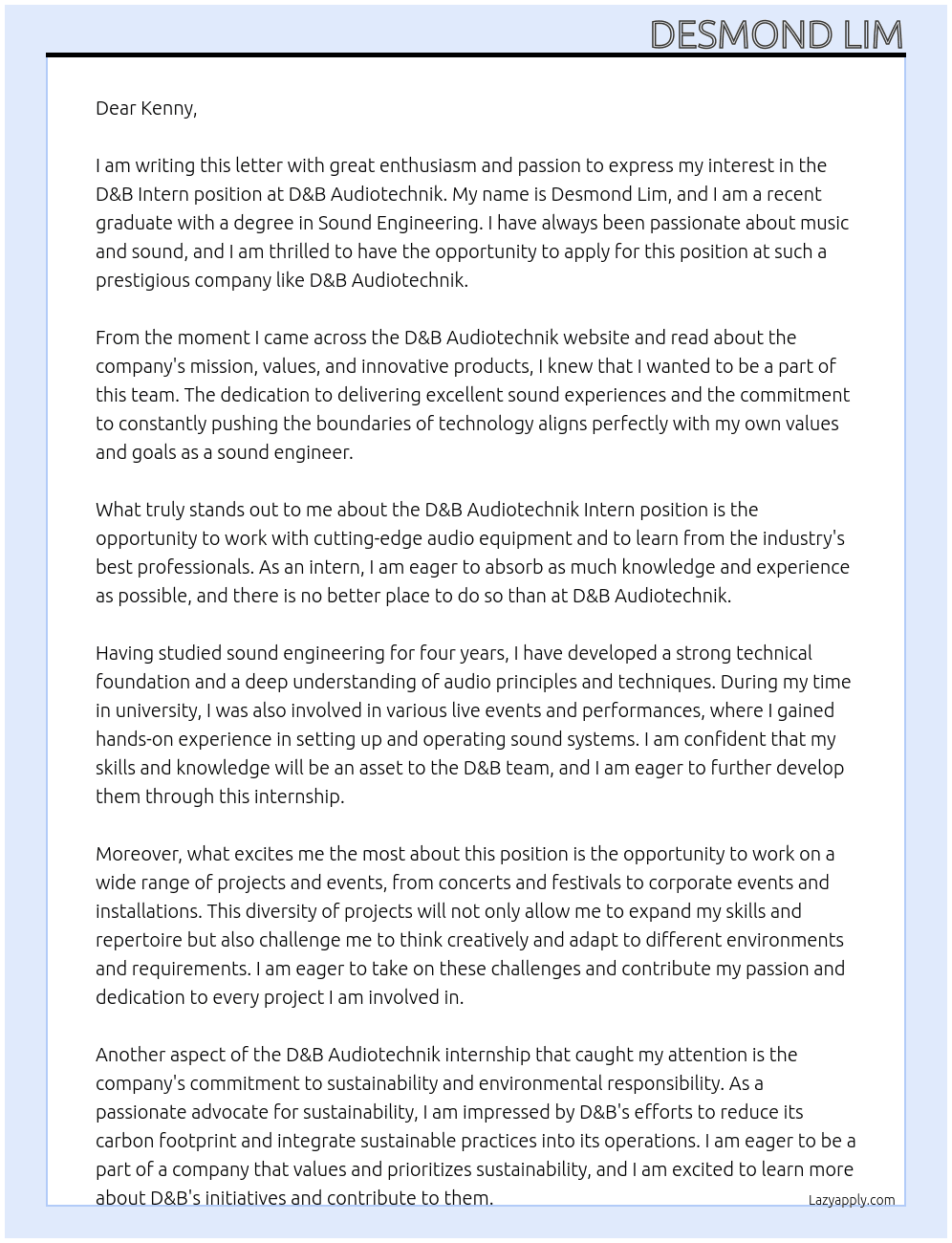 d&b Intern At d&b audiotechnik Cover Letter