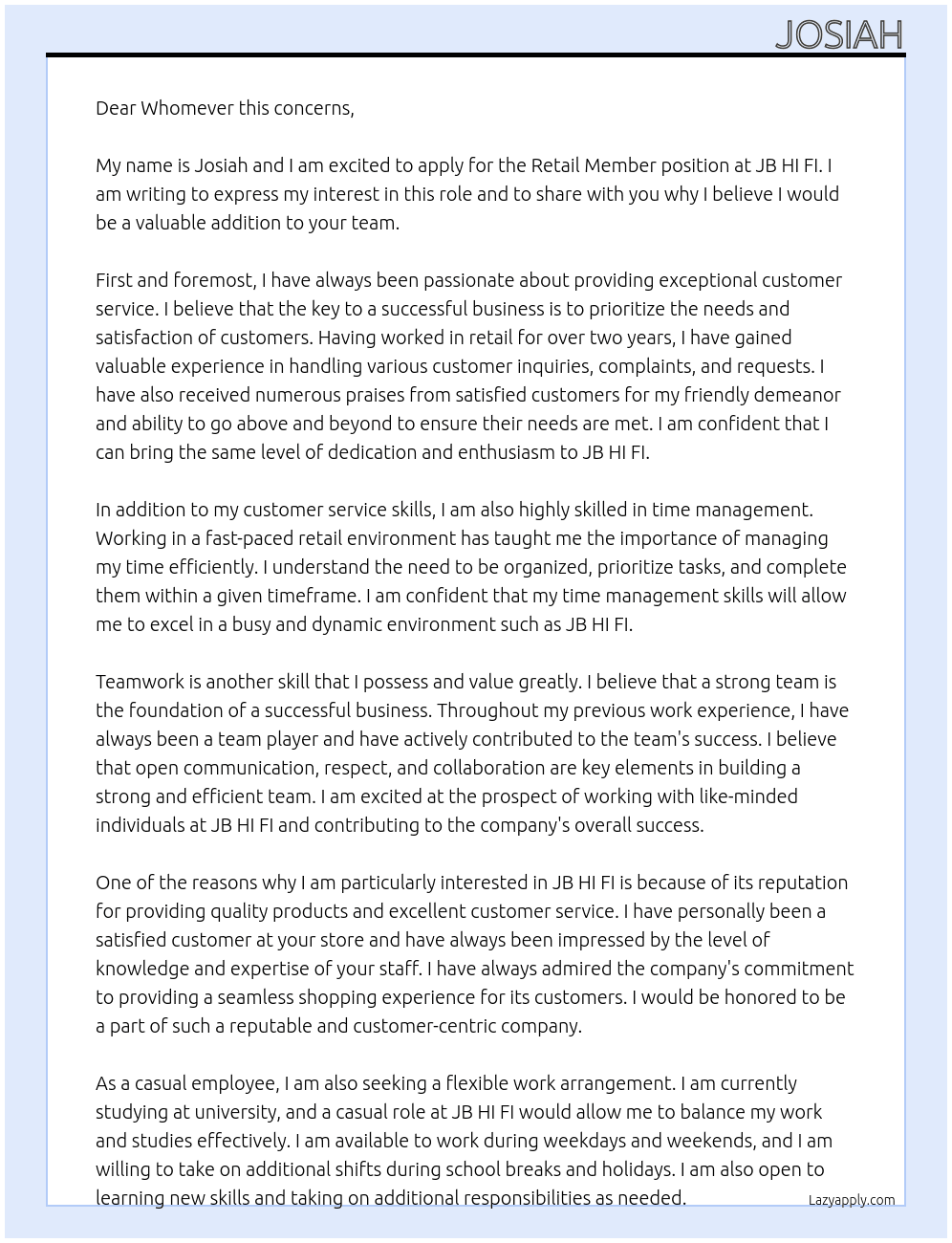 Retail member At JB HI FI Cover Letter