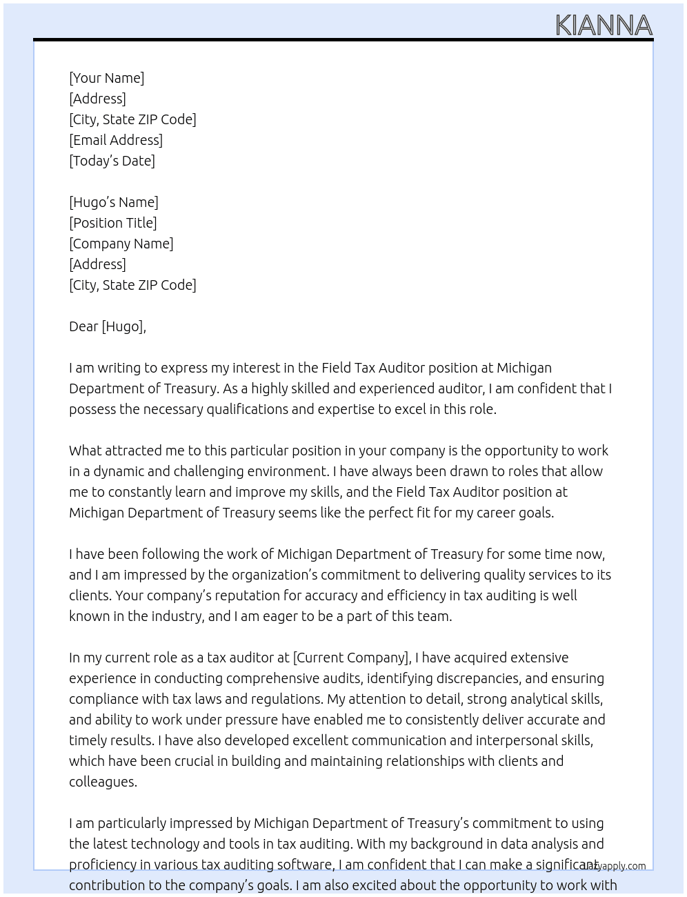 Field Tax Auditor At Michigan Department of Treasury Cover Letter