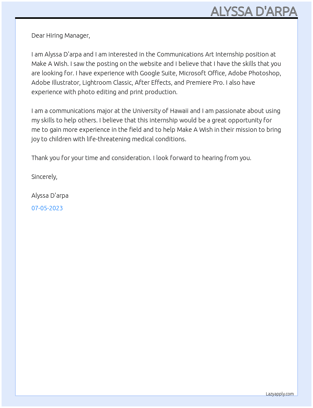 Make-A-Wish® Hawaii Communications Art Internship At Make A Wish  Cover Letter