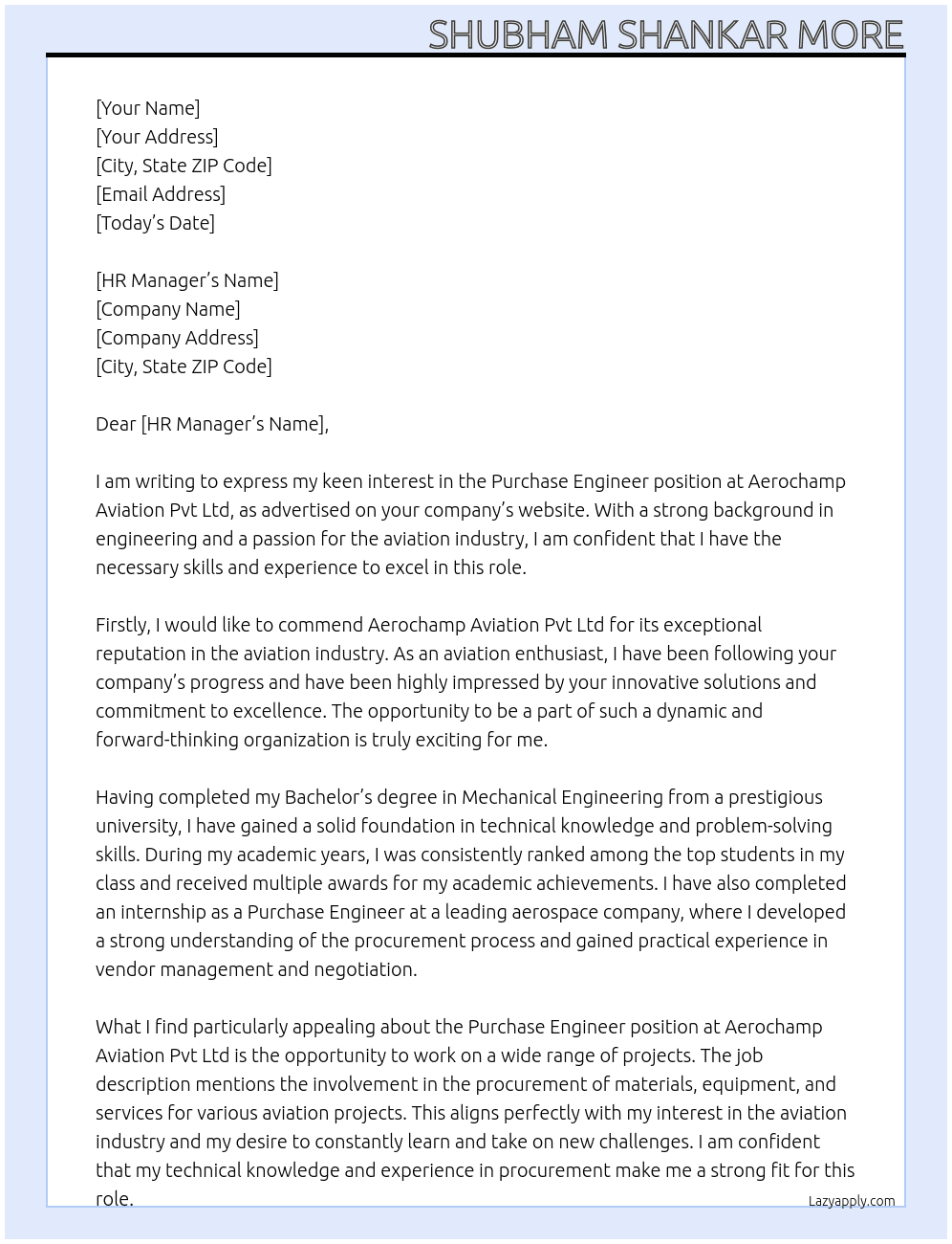 Purchase Engineer At Aerochamp Aviation Pvt Ltd Cover Letter
