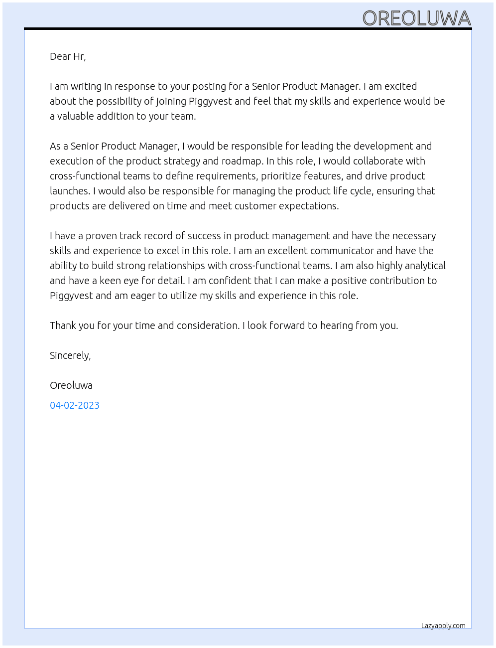 Senior Product Manager At Piggyvest Cover Letter