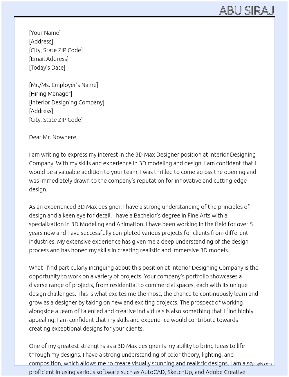 3D Max designer At interior designing Cover Letter