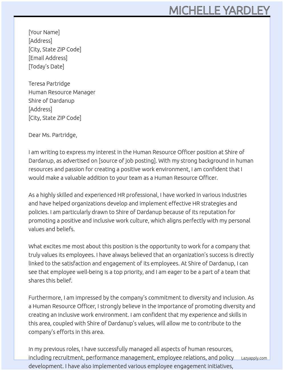 Human Resource Officer  At Shire of Dardanup Cover Letter