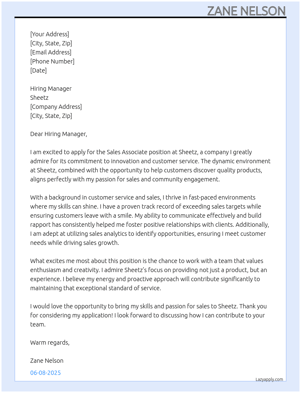 Sales Associate At Sheetz  Cover Letter