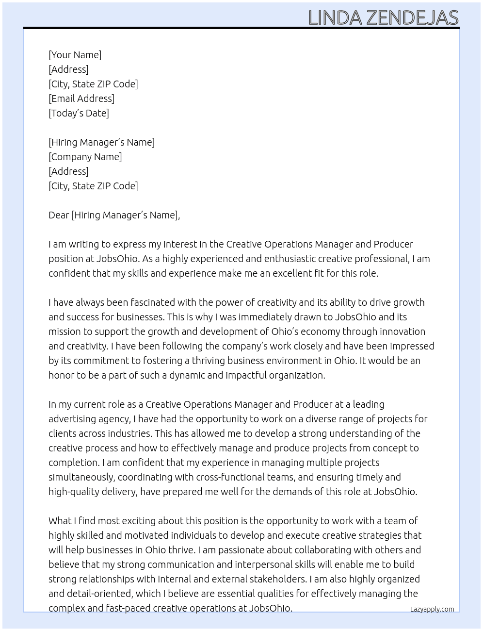 Creative Operations Manager and Producer At JobsOhio Cover Letter