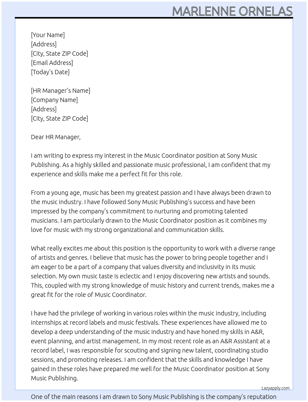 Music Coordinator At Sony Music Publishing Cover Letter