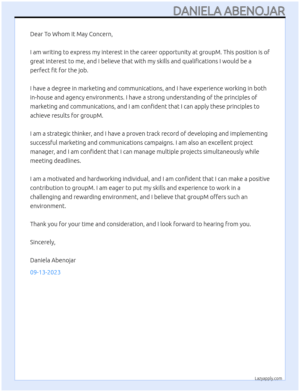 career at groupM At Group M Cover Letter