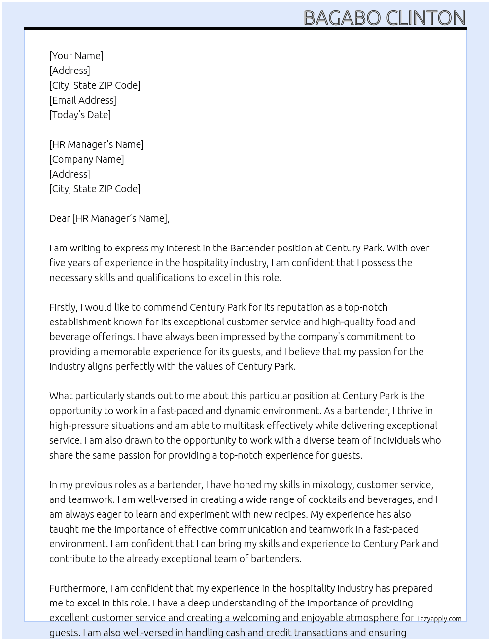 Bartender  At Century park Cover Letter