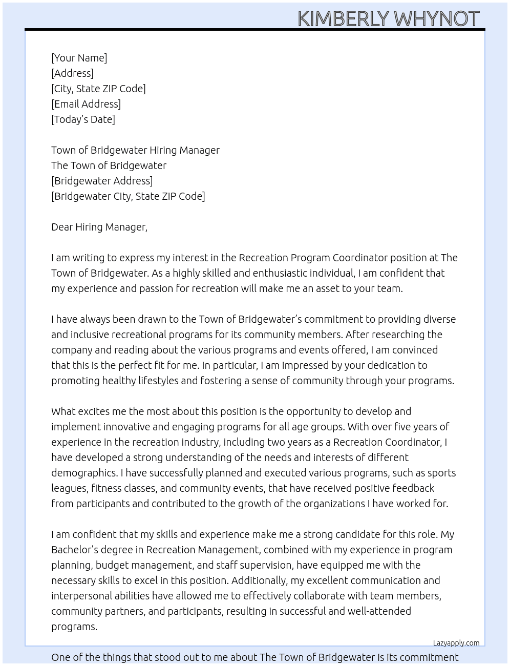 Recreation Program Coordinator  At The Town Of Bridgewater  Cover Letter