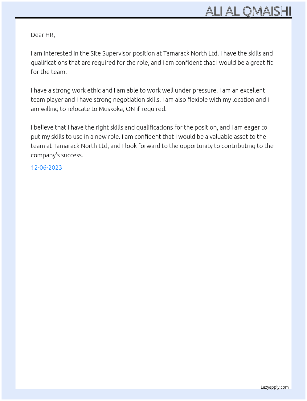 Site Supervisor At Tamarack North Ltd Cover Letter