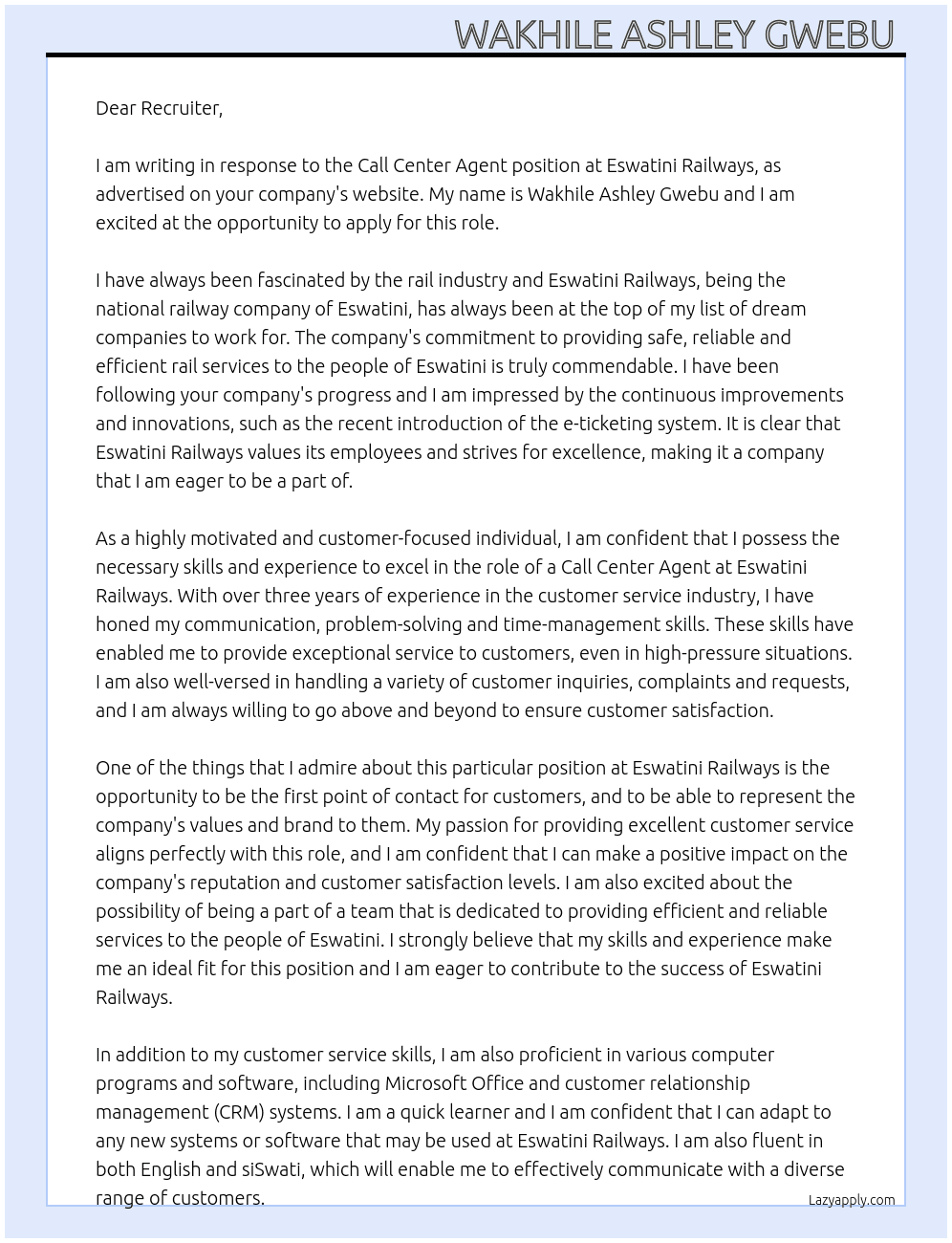 Call Center Agent  At Eswatini Railways  Cover Letter