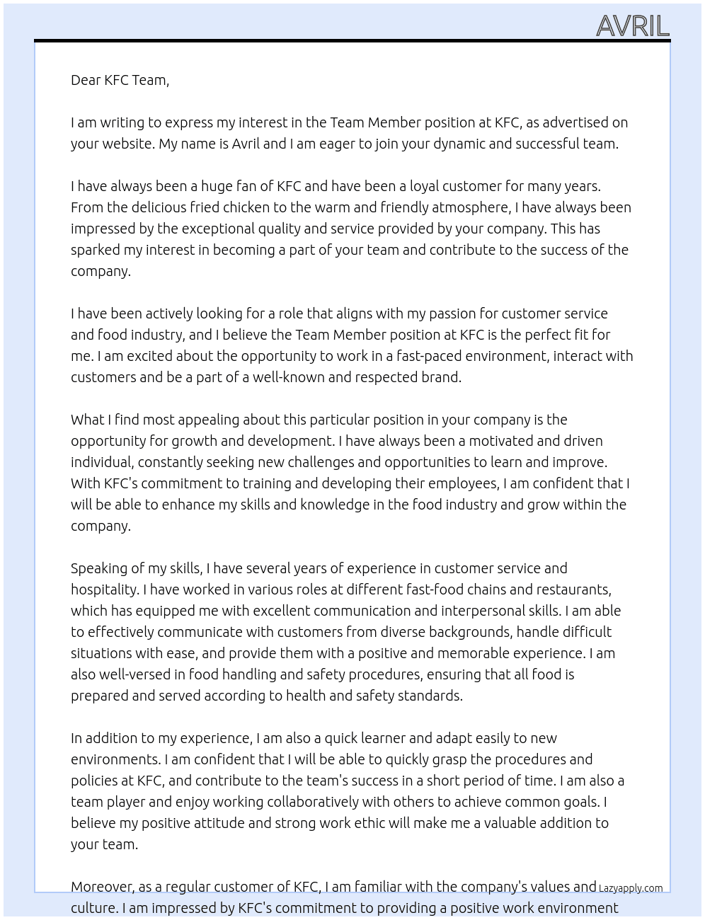 TEAM MEMBER At kfc Cover Letter