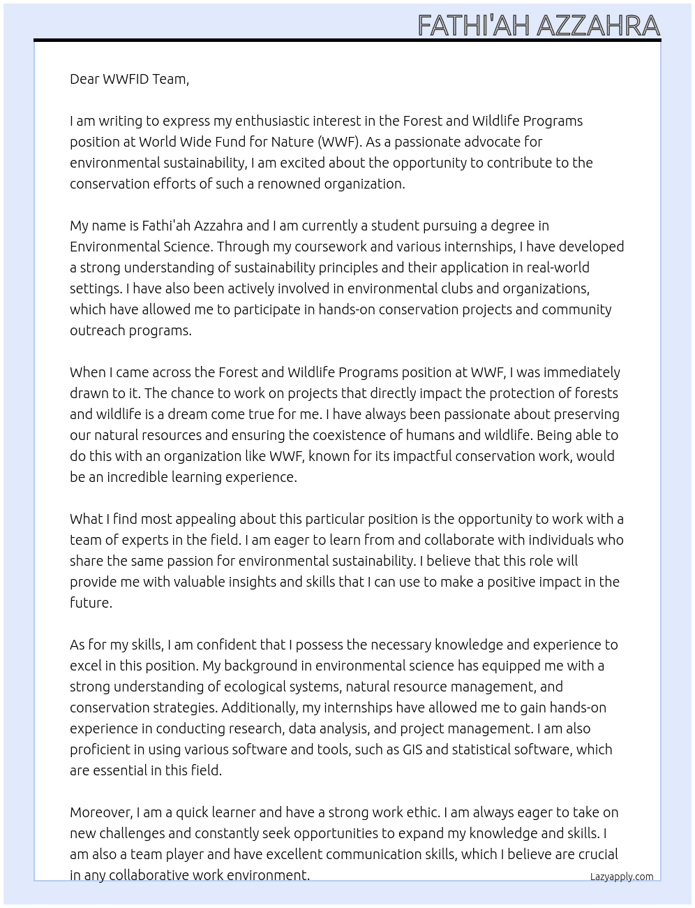 Forest and Wildlife Programs At World Wide Fund for Nature (WWF) Cover Letter
