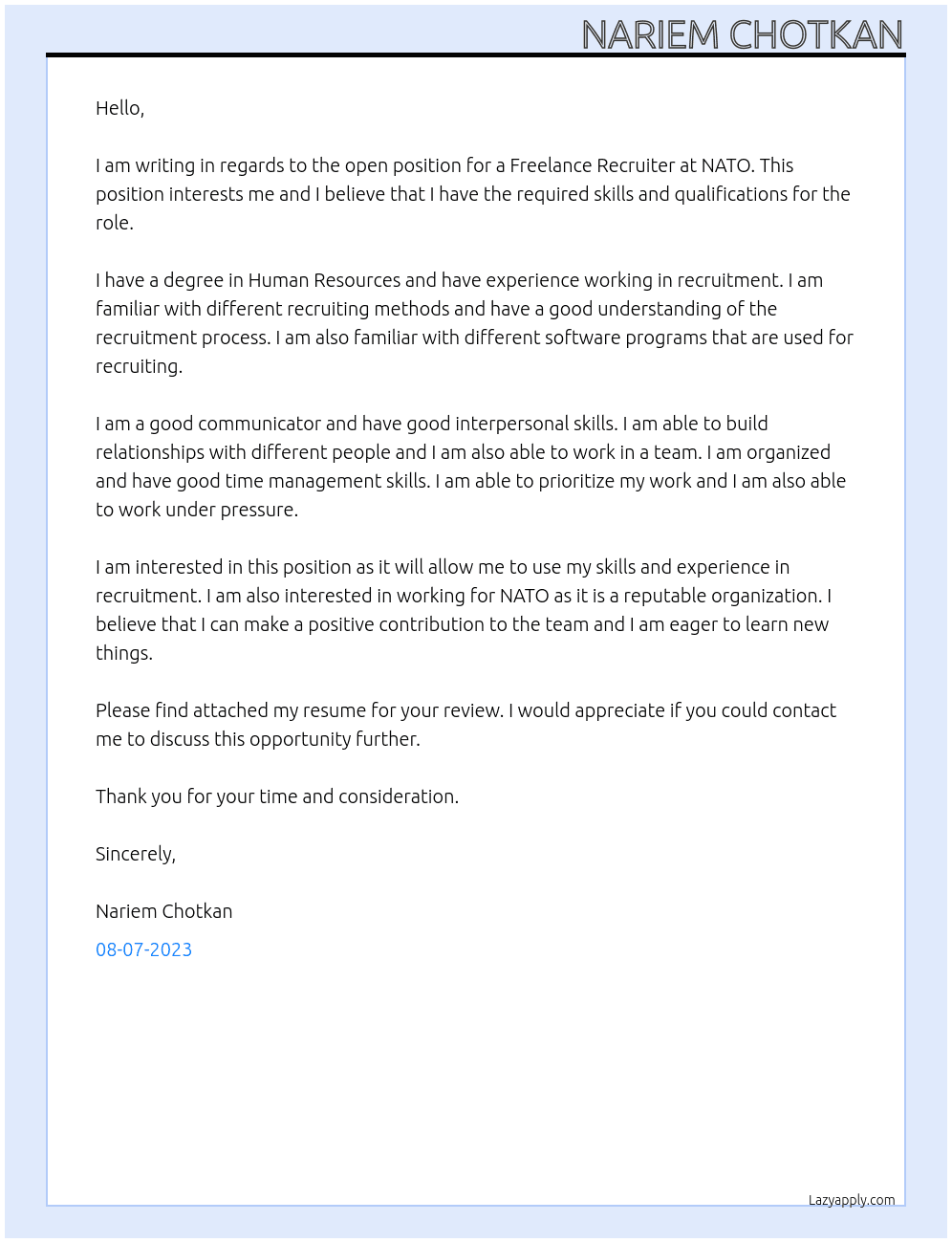 Freelance recruiter At Nato Cover Letter