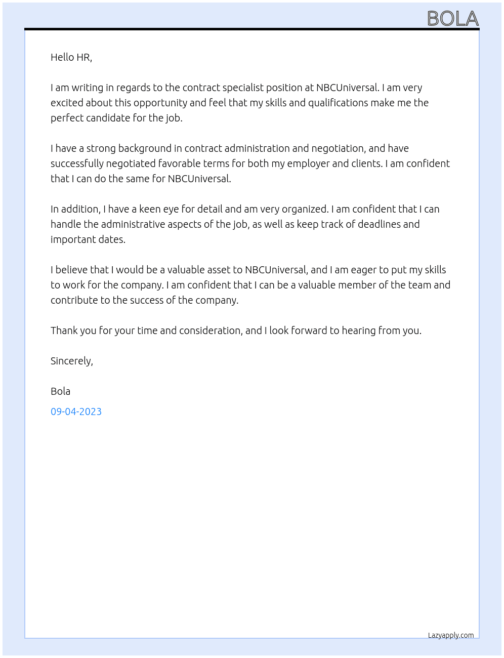 contract specialist At NBCUniversal Cover Letter