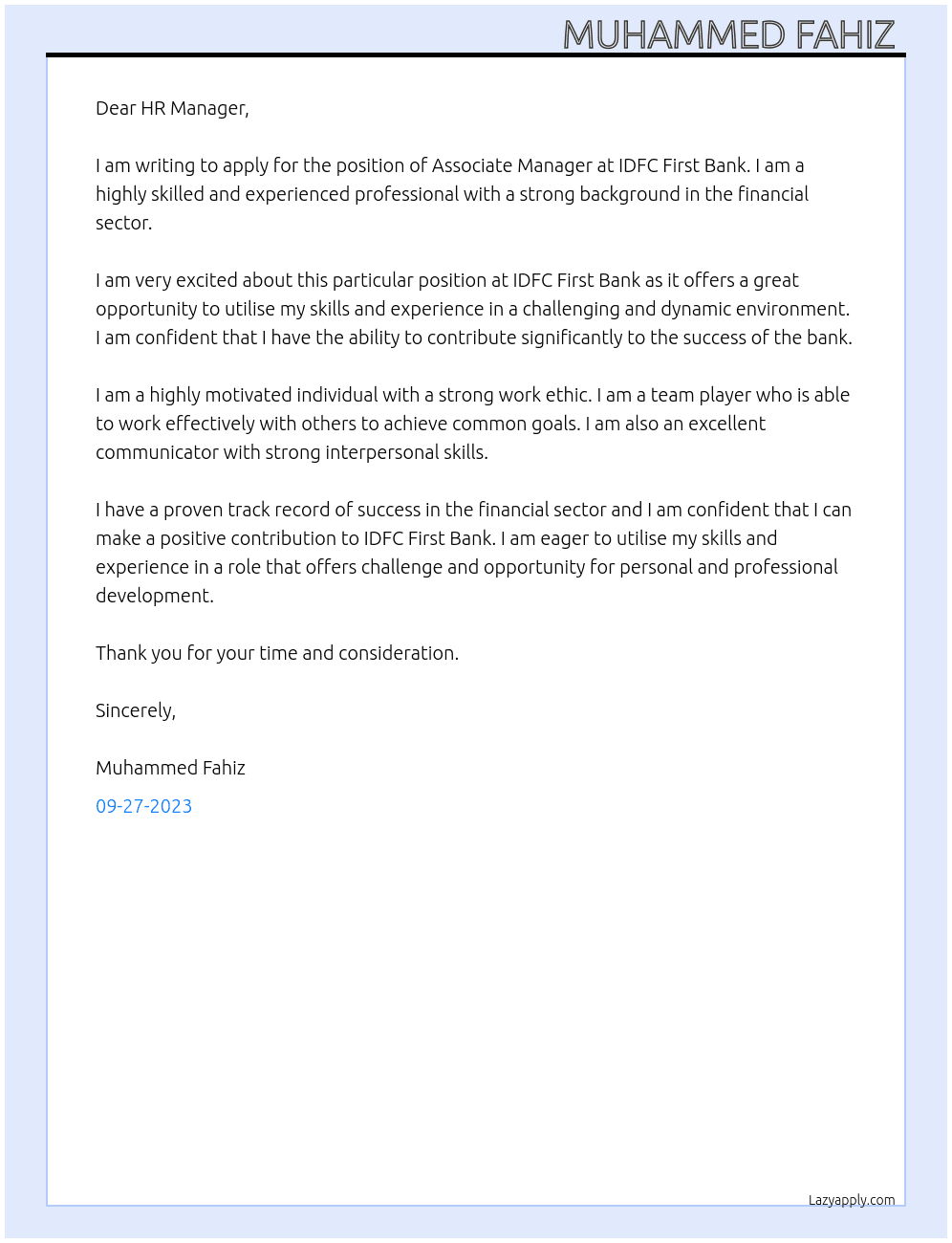 Associate Manager  At IDFC First Bank Cover Letter