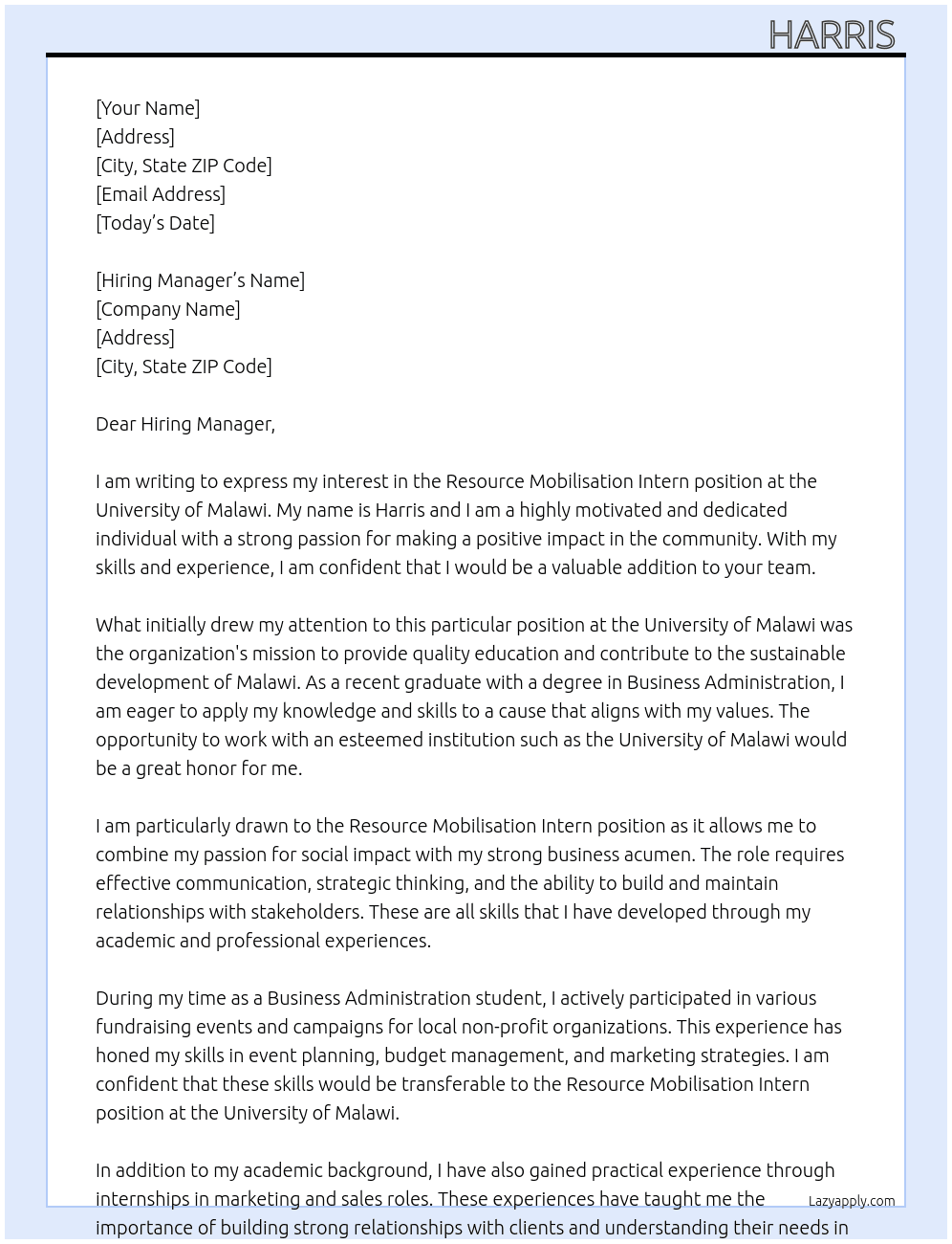 Resource Mobilisation Intern At University of Malawi Cover Letter