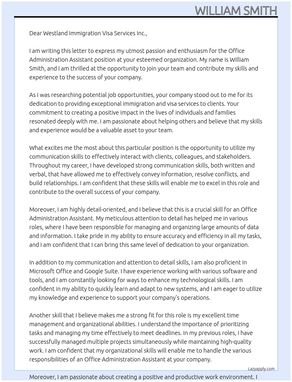 Office Administration Assistant At Westland Immigration Visa Services Inc. Cover Letter