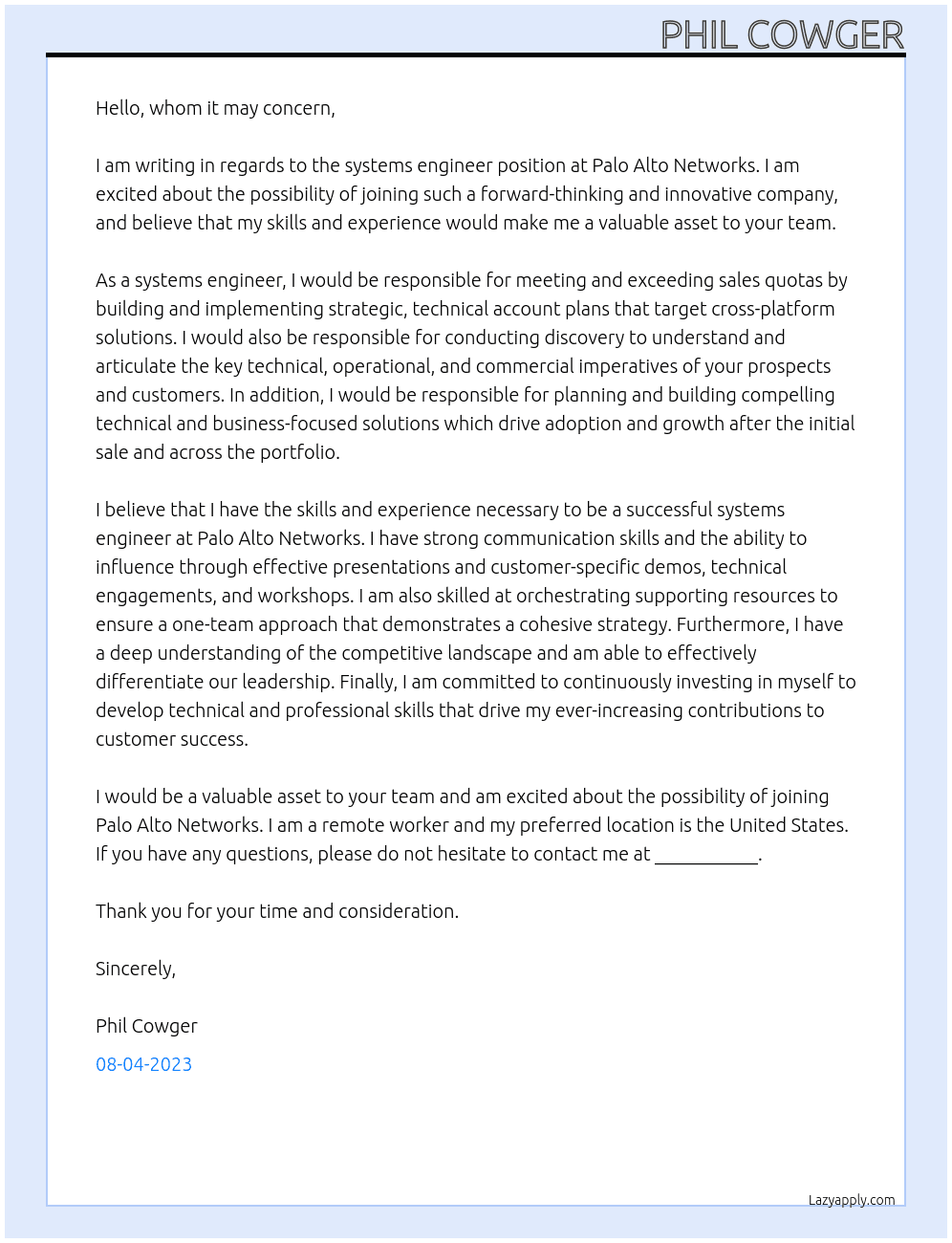 Systems Engineer At Palo Alto Networks Cover Letter