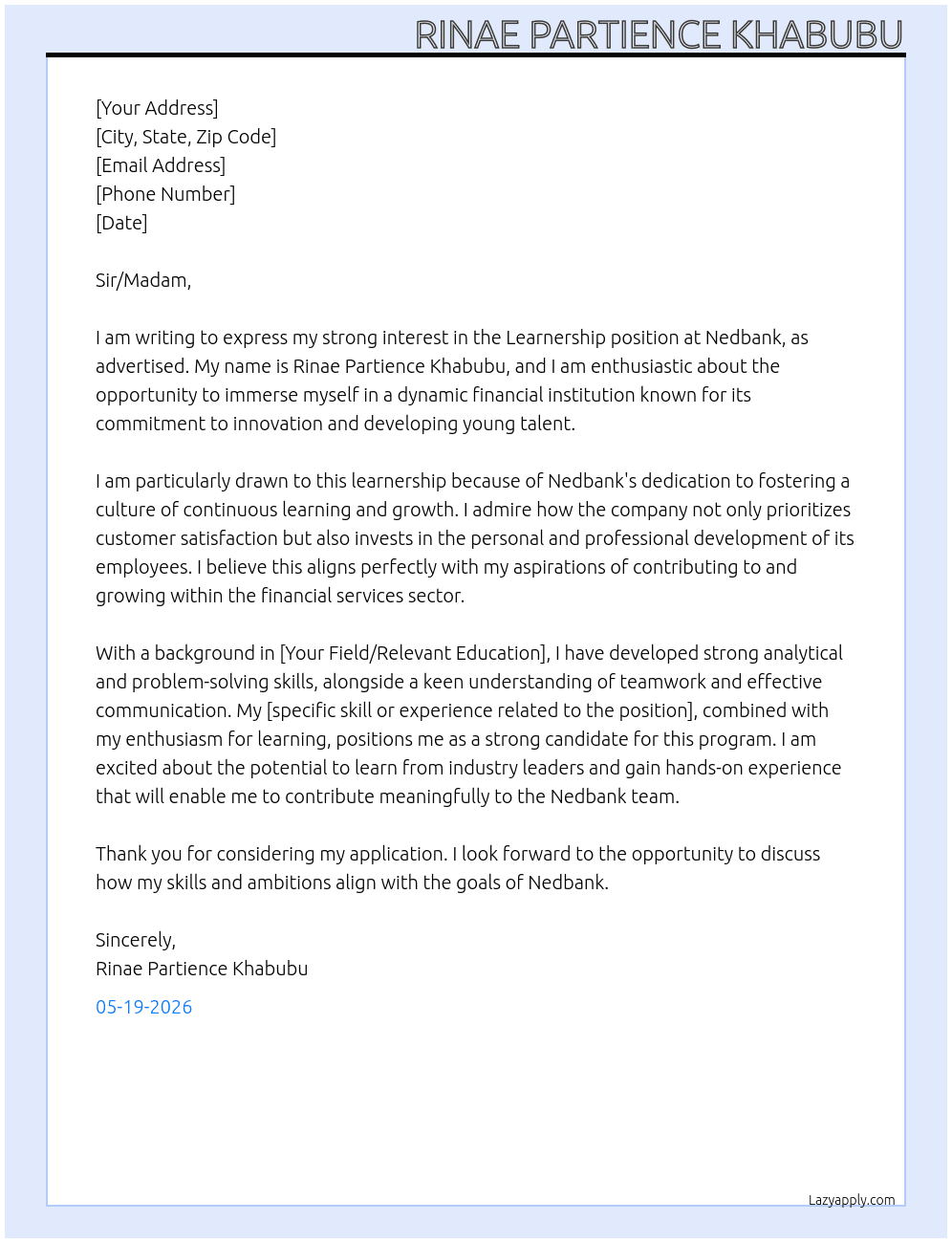 Learnership  At Nedbank  Cover Letter