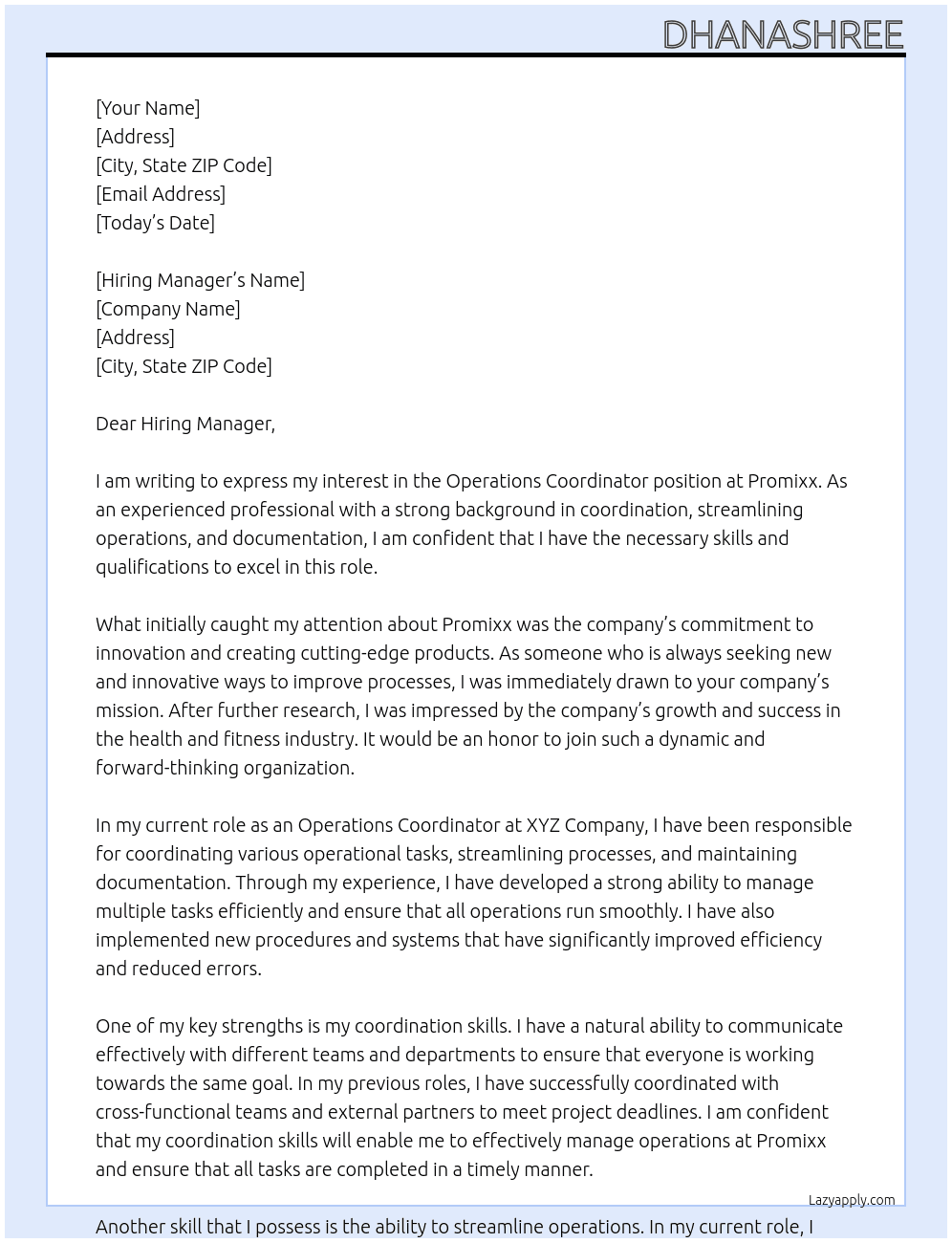 Operations Coordinator At Promixx Cover Letter