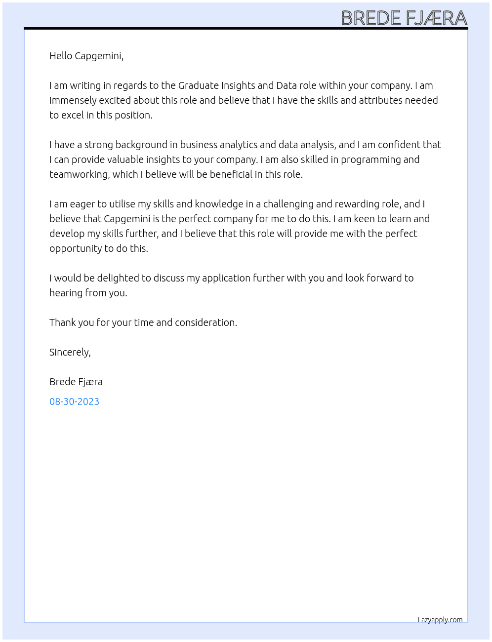Graduate Insights and data At Capgemeni Cover Letter