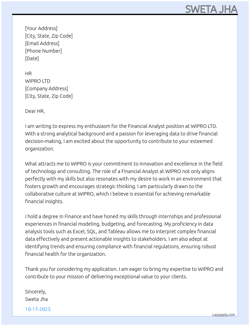 FINANCIAL ANALYST At WIPRO LTD Cover Letter