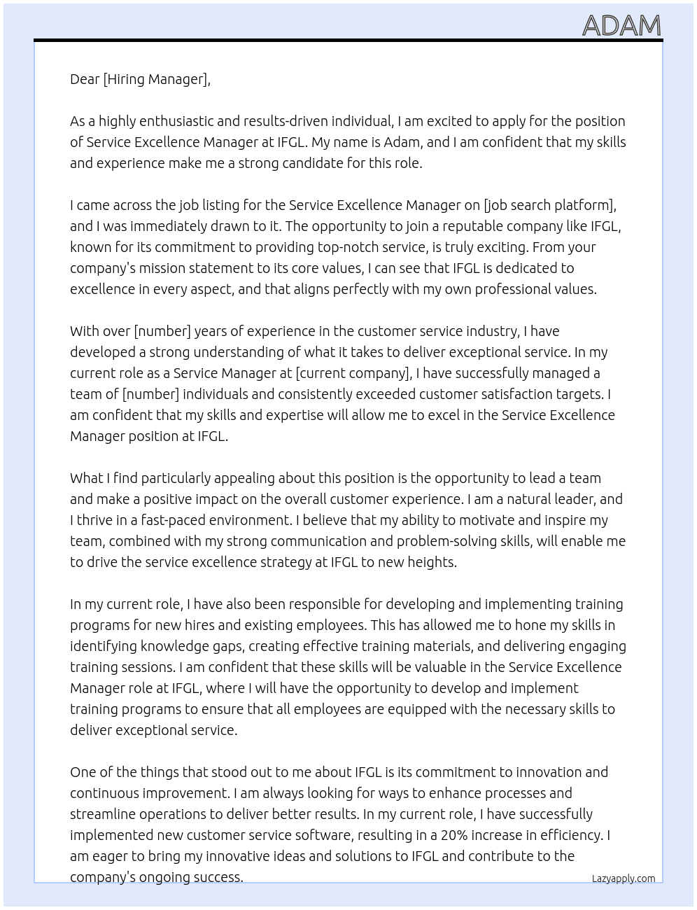 Service Excellence Manager At IFGL Cover Letter