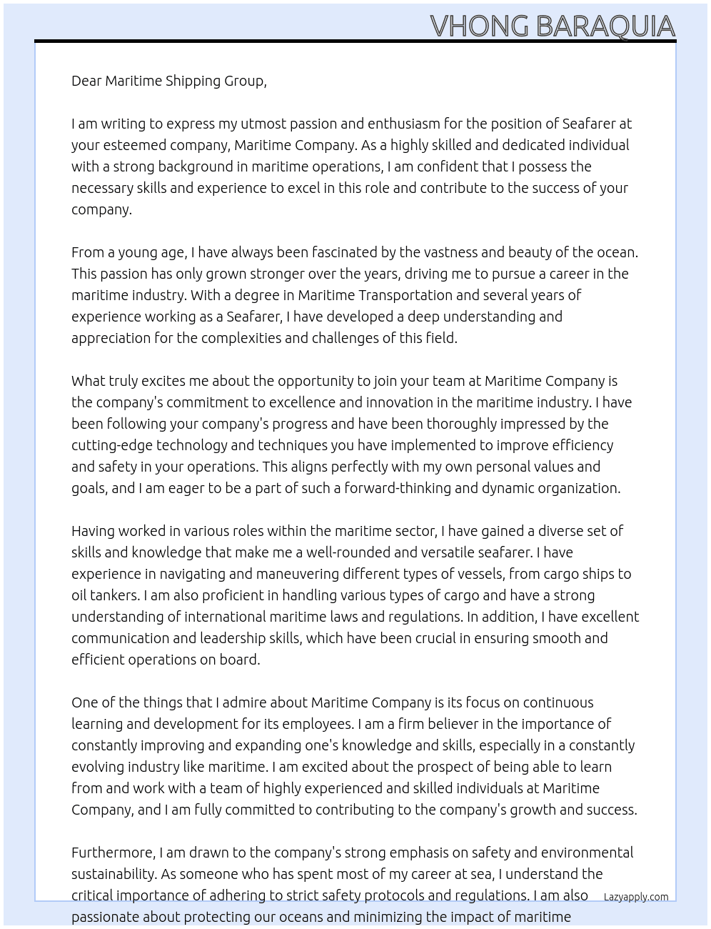 Seafarer At Maritime Company  Cover Letter