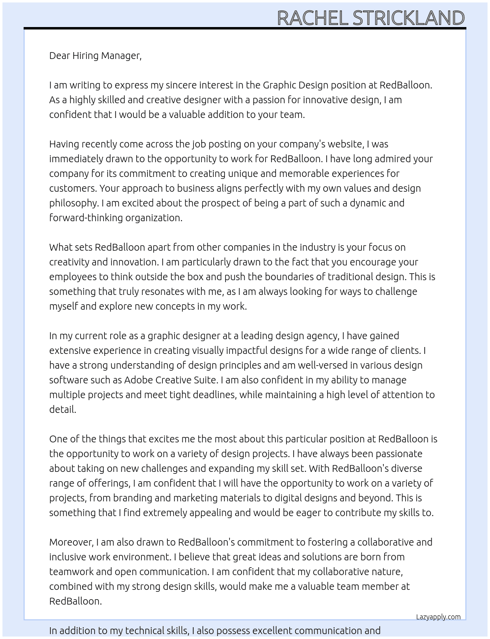 Graphic Design At RedBalloon Cover Letter