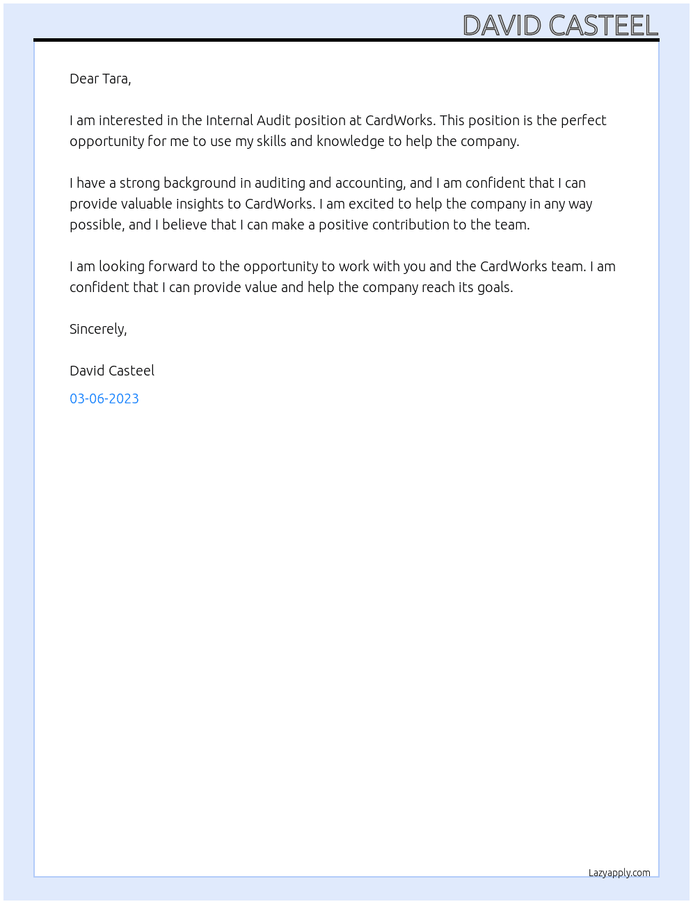 Internal Audit At CardWorks Cover Letter