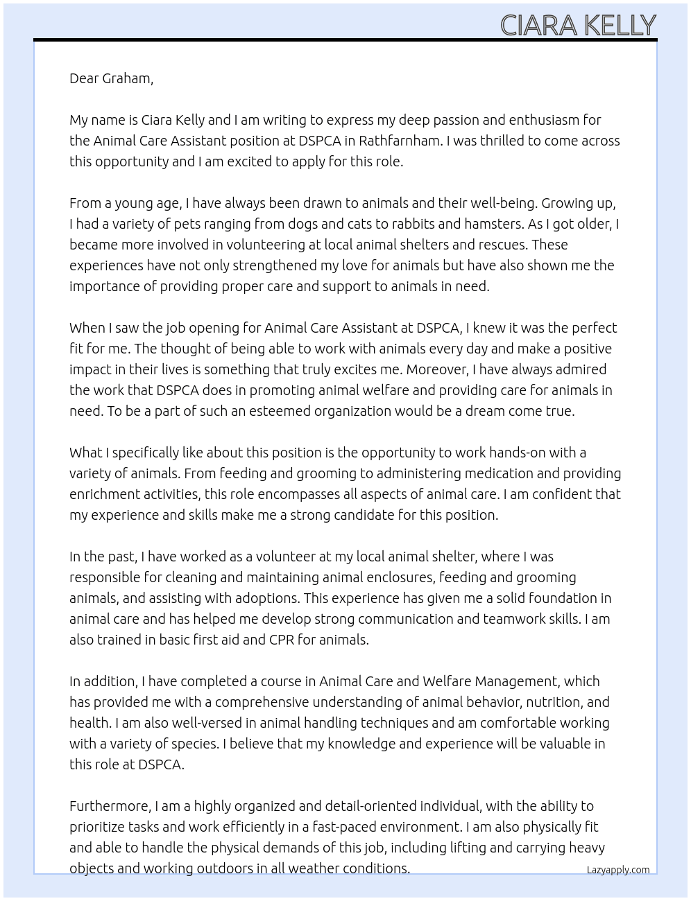 Animal care assistant At DSPCA Cover Letter