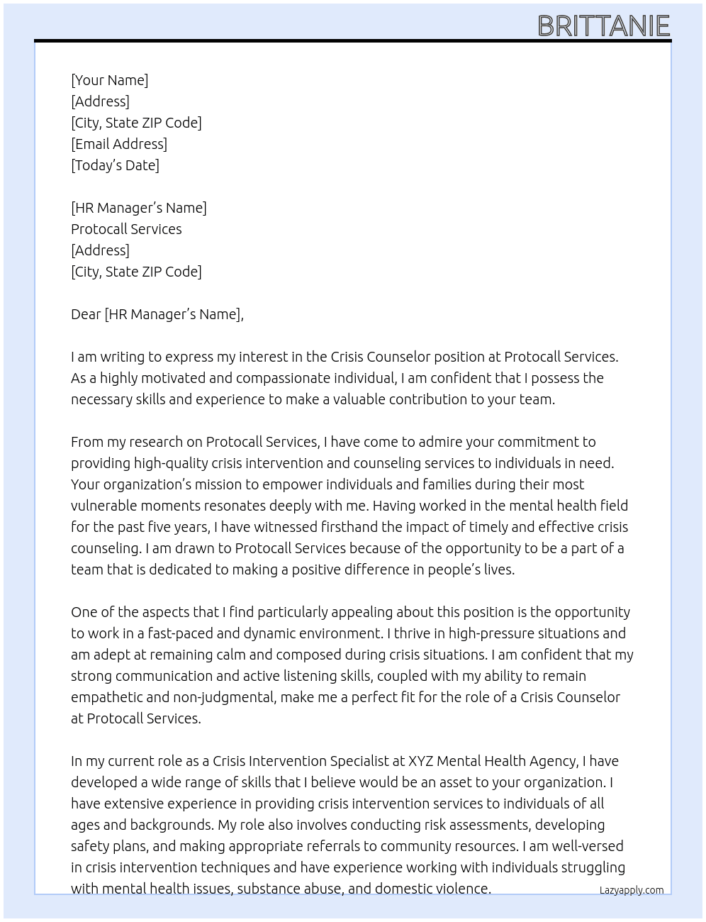 Crisis Counselor At Protocall Services Cover Letter