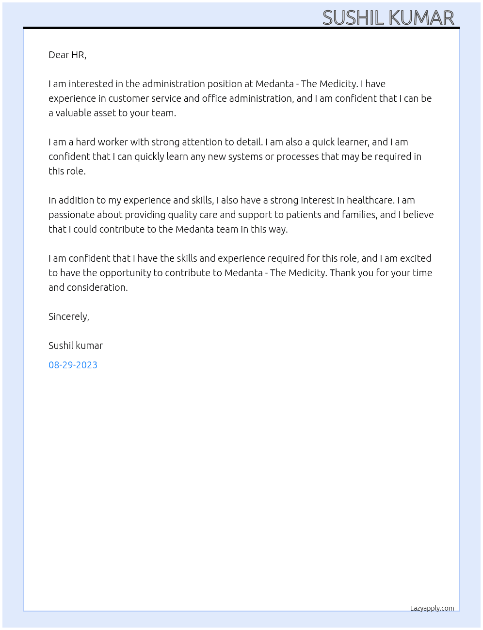administration At Medanta - The Medicity Cover Letter