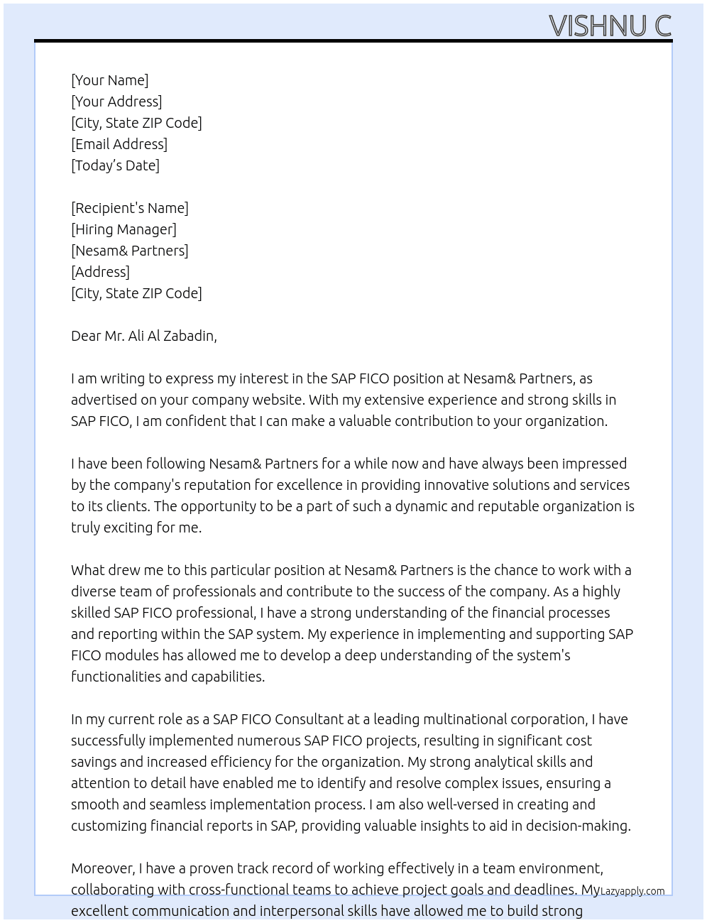 SAP FICO At Nesam& partners  Cover Letter