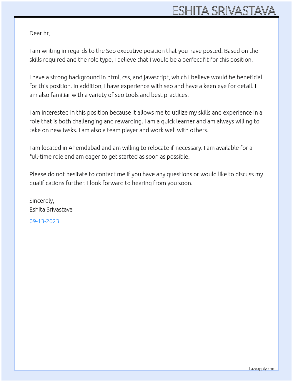 Seo executive  At Flora Fountain Cover Letter