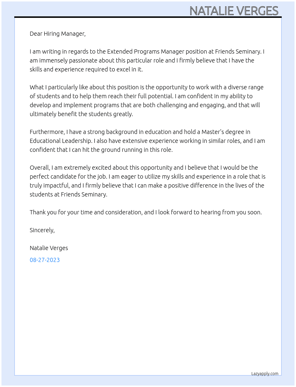 Extended Programs Manager At Friends Seminary  Cover Letter