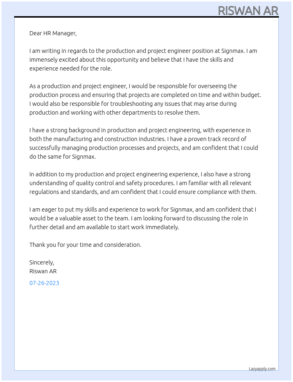 production and project engineer At signmax Cover Letter