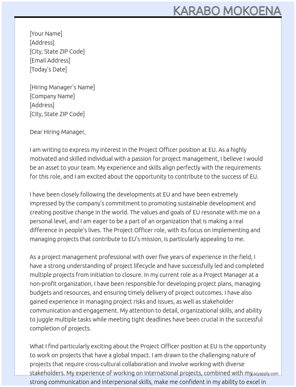 Project officer At EU Cover Letter