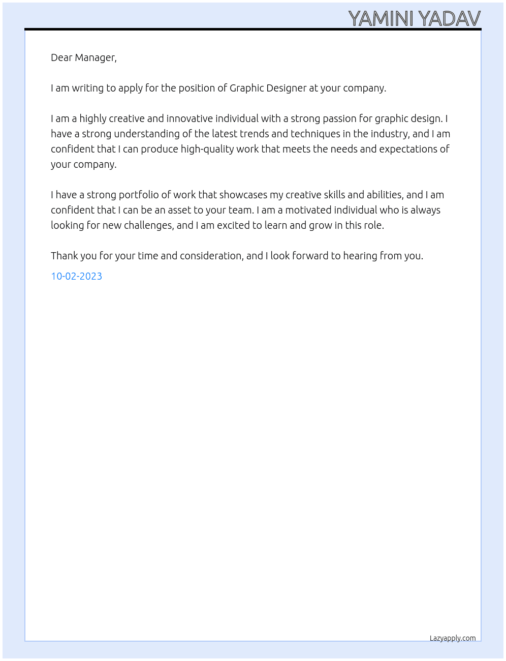 Graphic design  At Graphic designer  Cover Letter