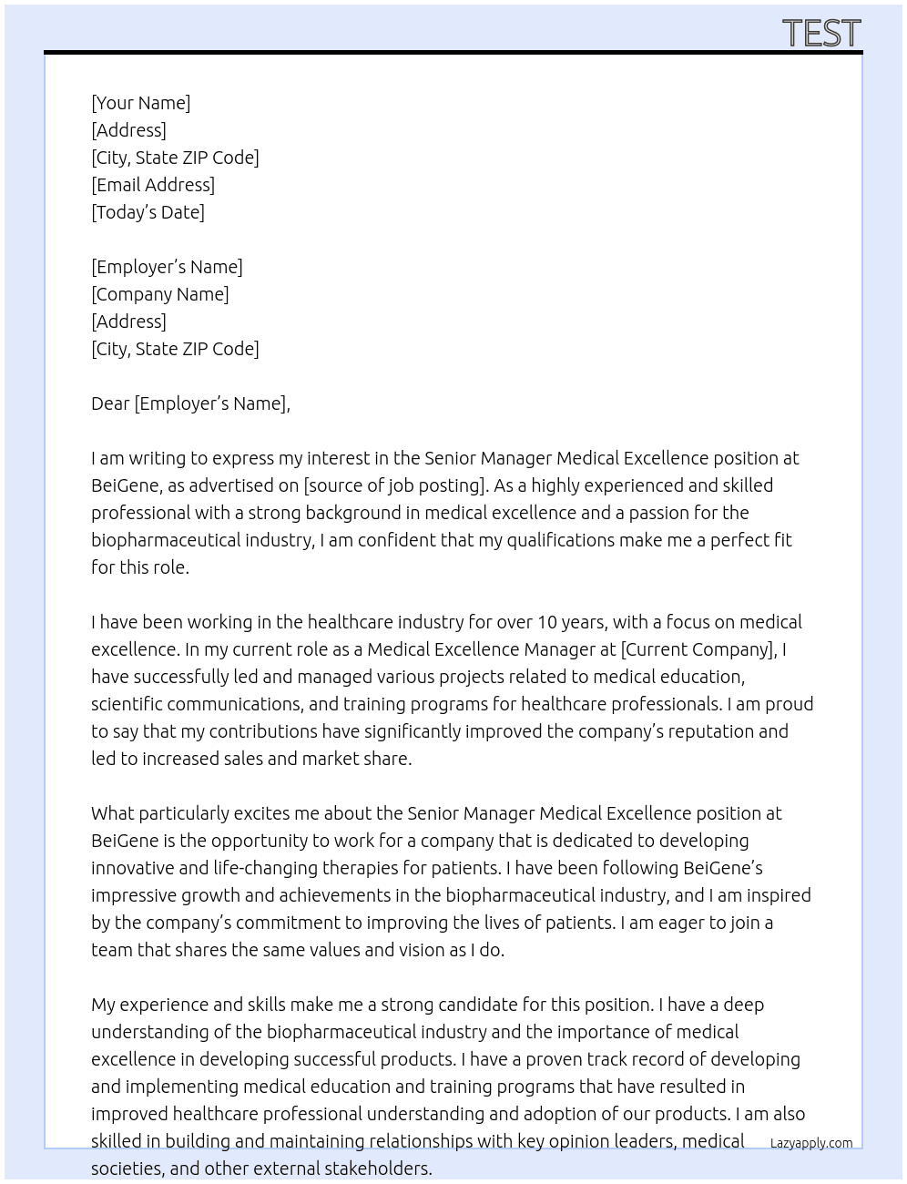 Senior Manager Medical Excellence At BeiGene Cover Letter