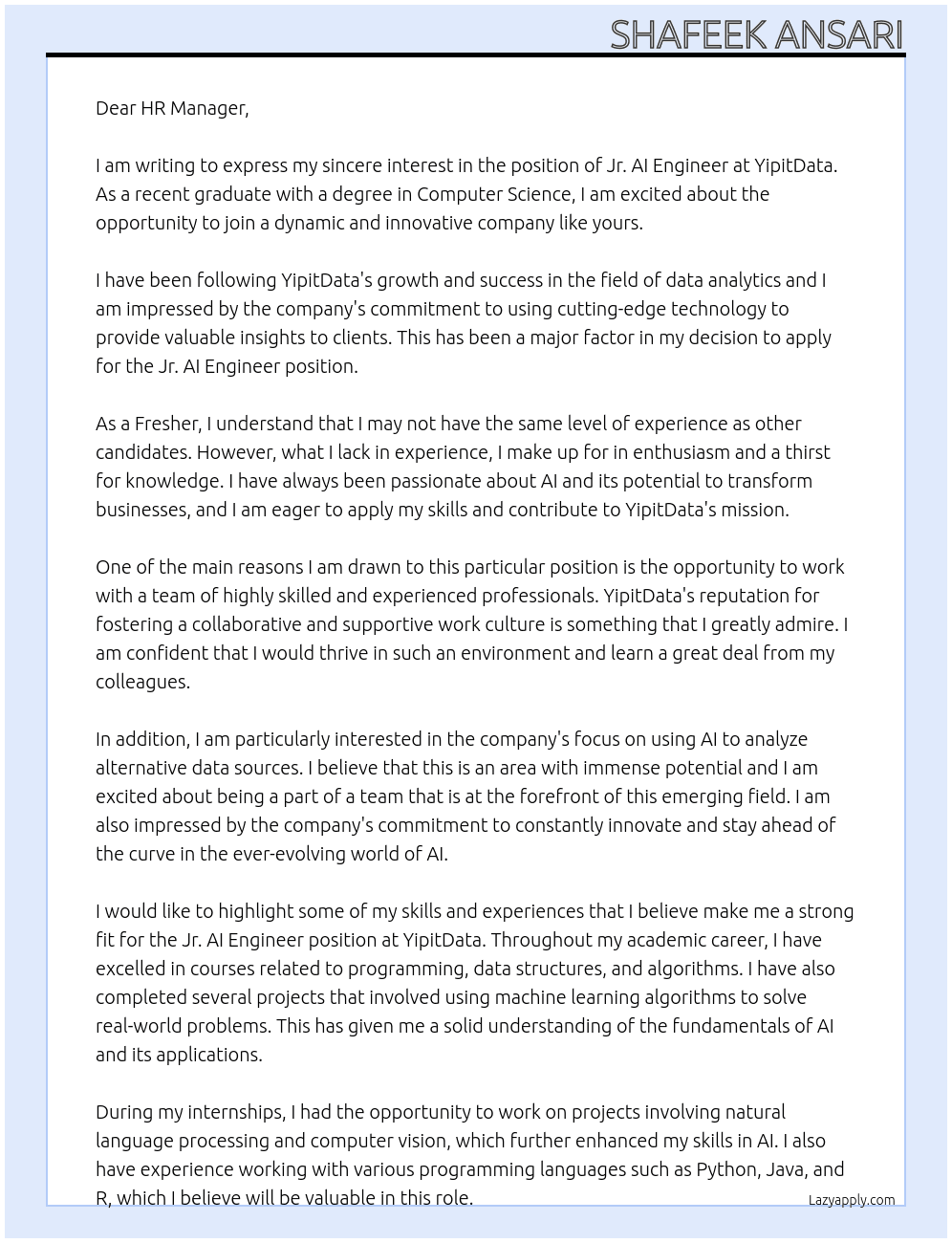 JR. AI ENGINEER[FRESHER] At YIPITDATA Cover Letter