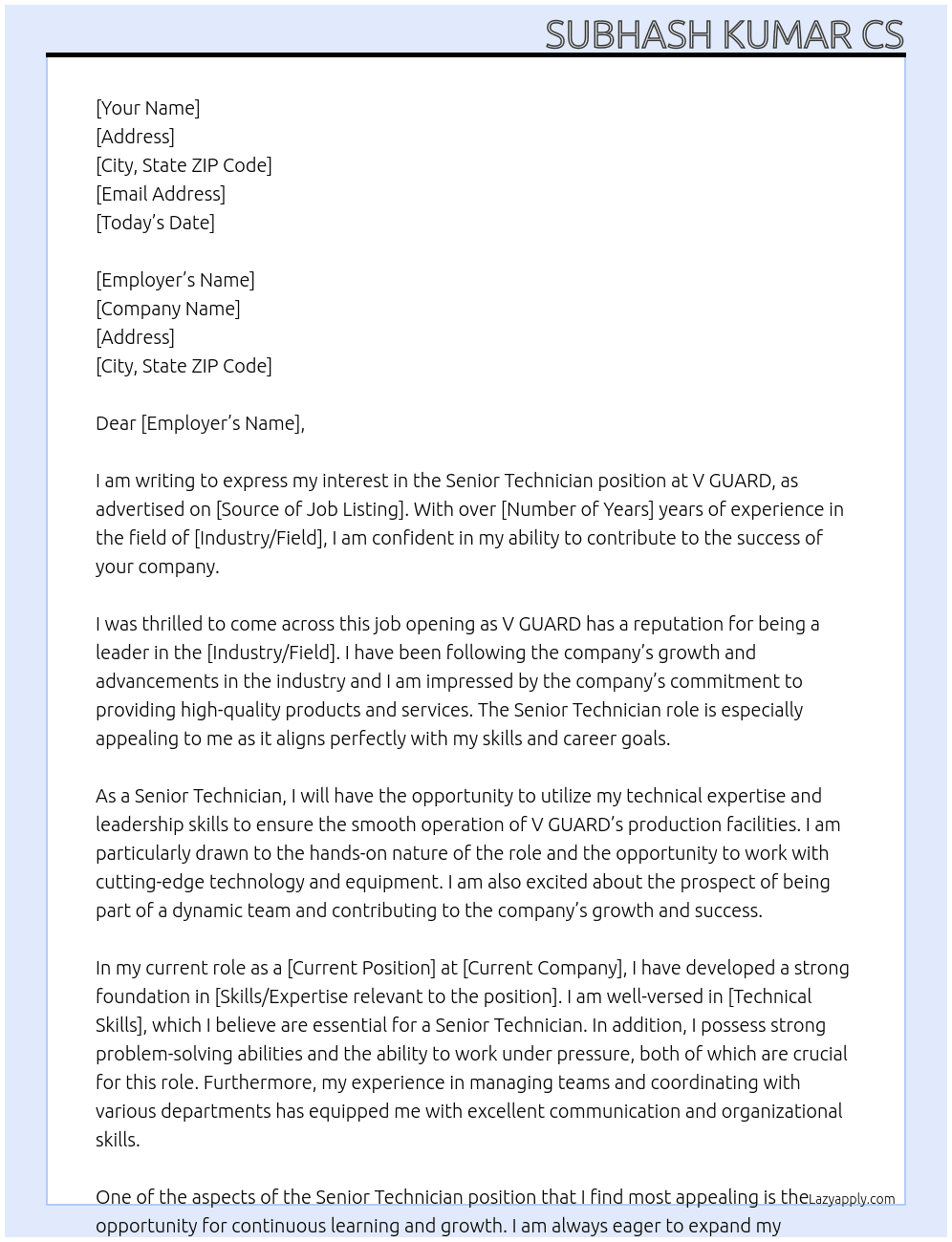 SENIOR TECHNICIAN At V GUARD Cover Letter