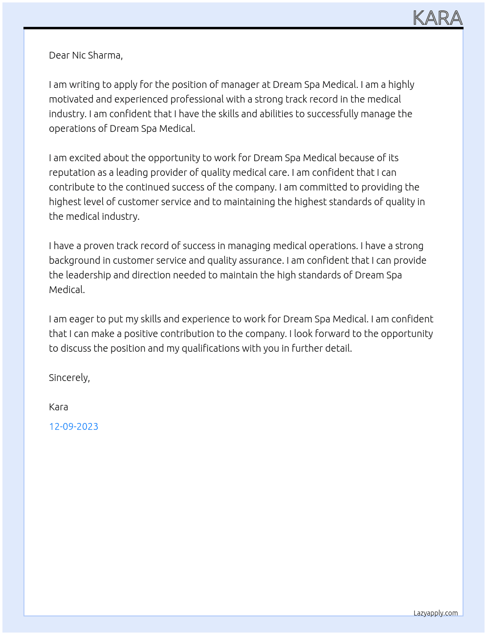 manager At Dream Spa Medical Cover Letter