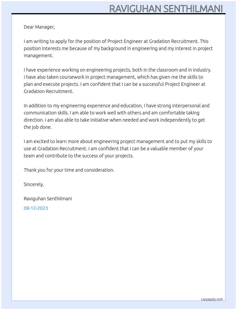 Project engineering  At Gradation recruitment  Cover Letter