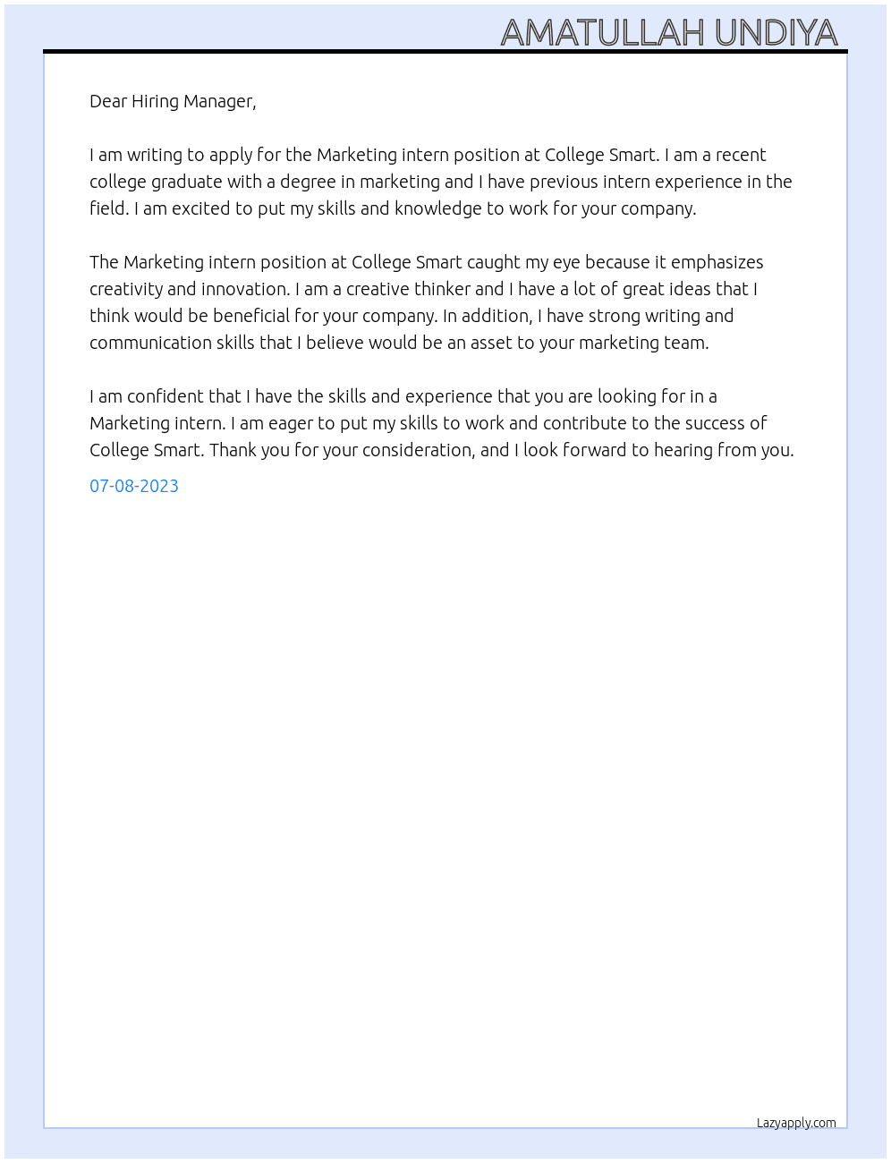 Marketing intern At College smart Cover Letter