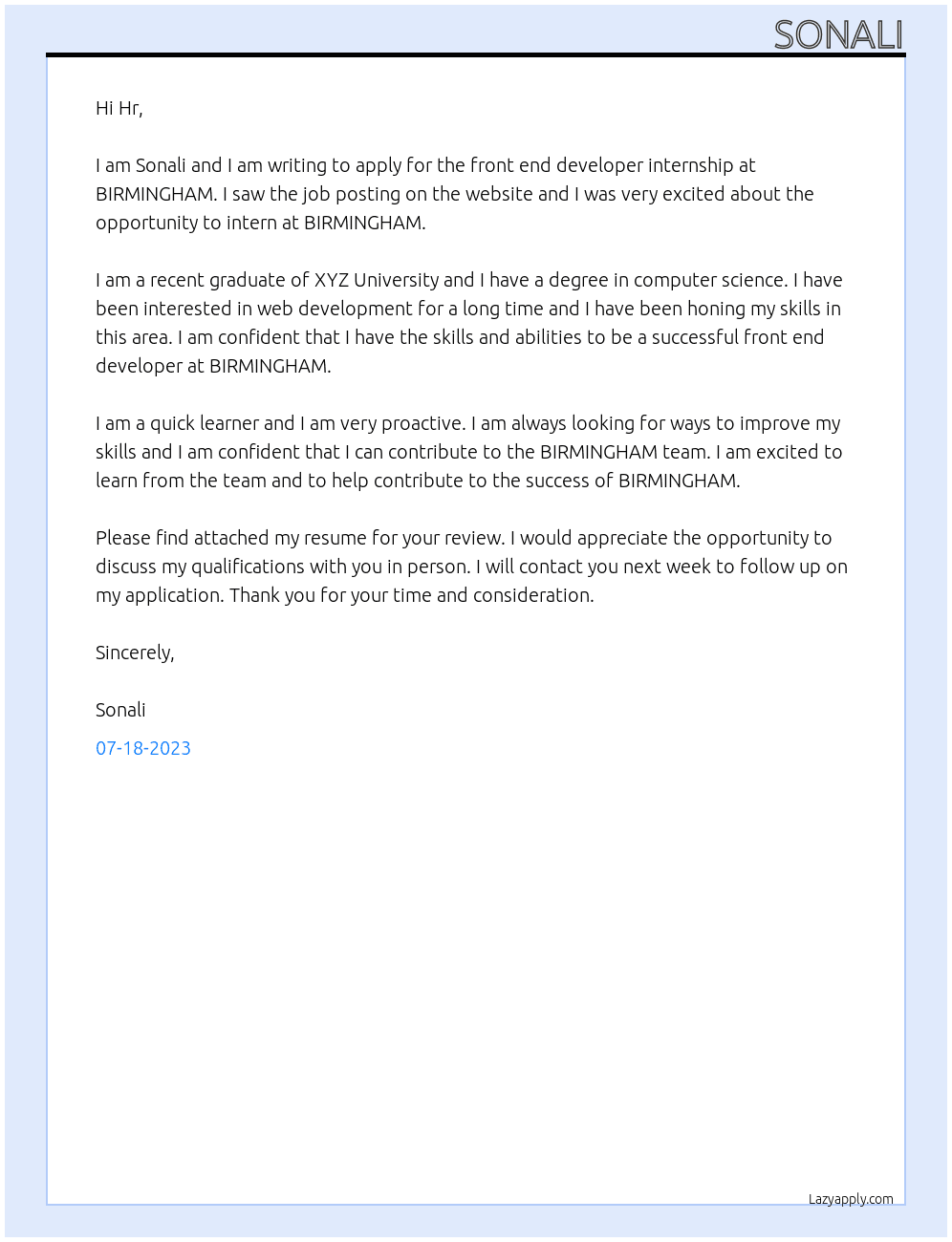 Front end developers At BIRMINGHAM Cover Letter