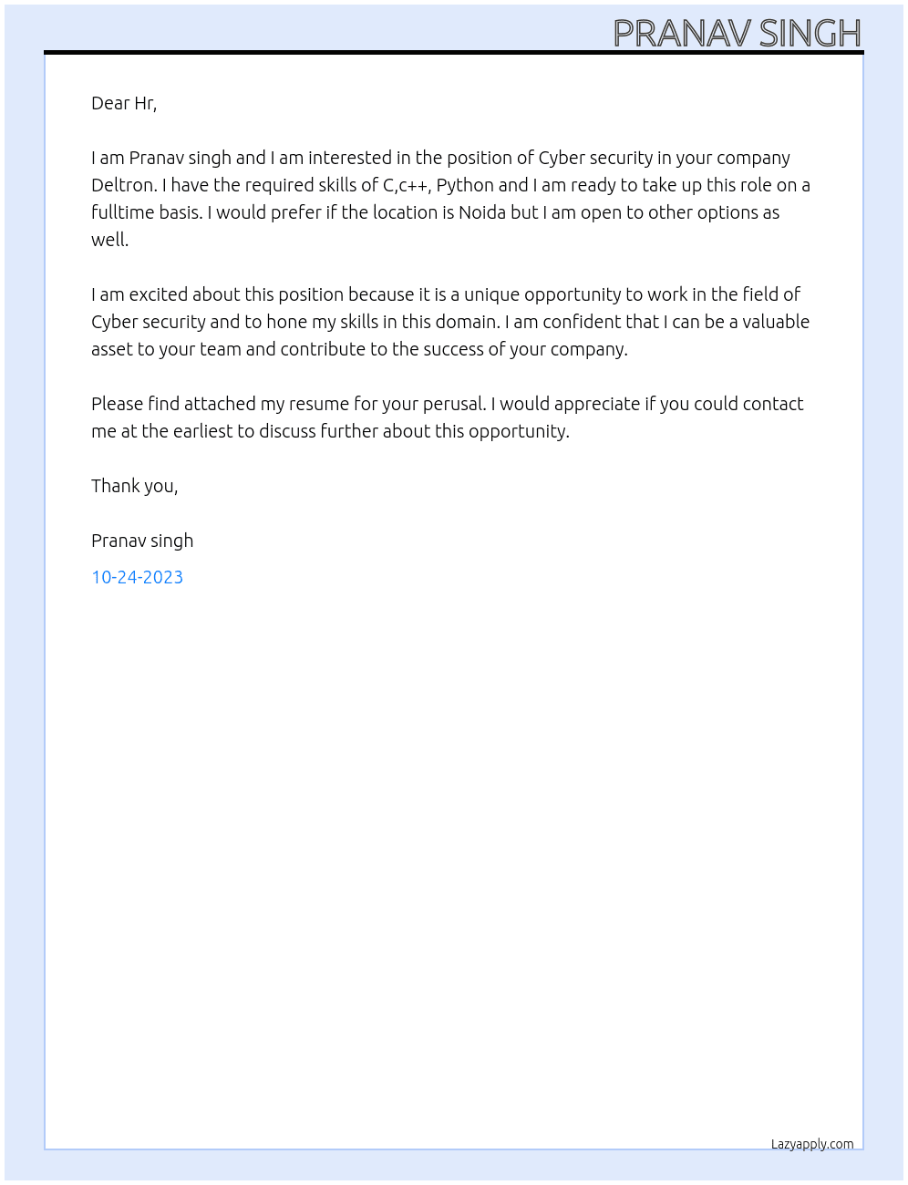 Cyber security  At Deltron Cover Letter