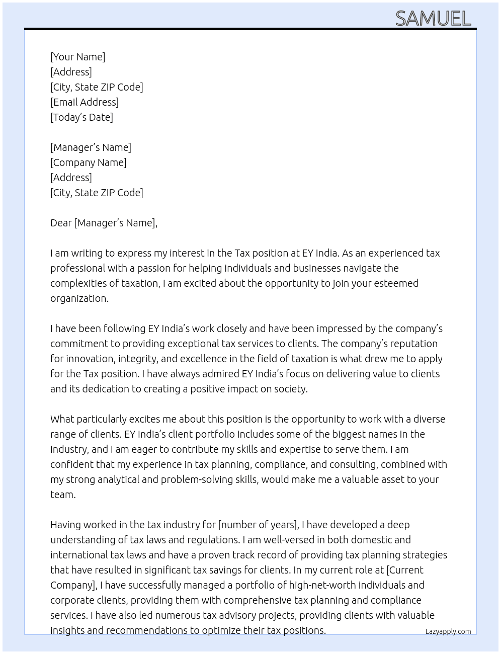 Tax At EY India  Cover Letter